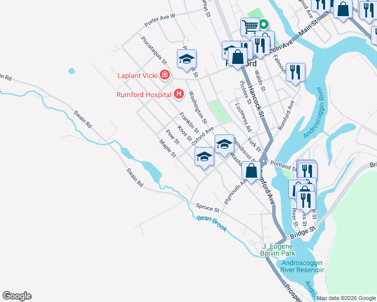 map of restaurants, bars, coffee shops, grocery stores, and more near 248 Pine Street in Rumford