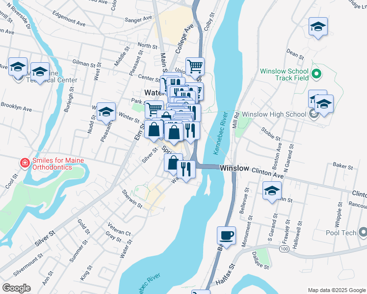 map of restaurants, bars, coffee shops, grocery stores, and more near 14 Silver Street in Waterville