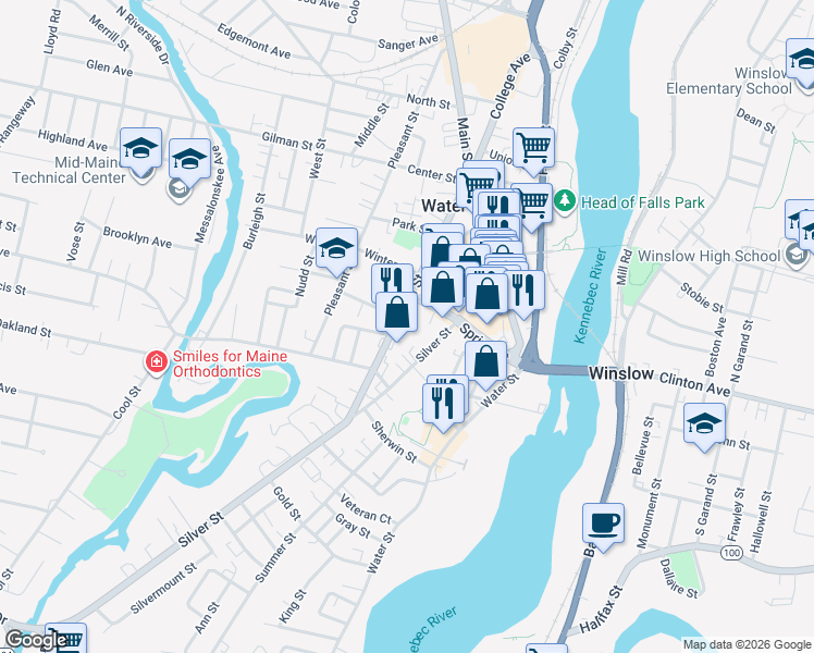 map of restaurants, bars, coffee shops, grocery stores, and more near 38 Elm Street in Waterville