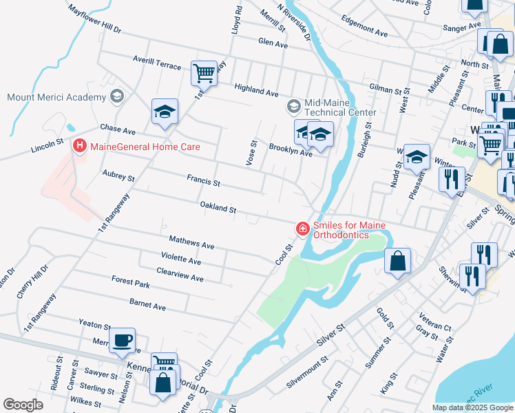 map of restaurants, bars, coffee shops, grocery stores, and more near 21 Oakland Street in Waterville