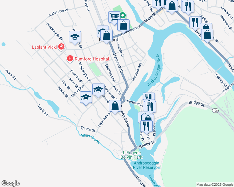 map of restaurants, bars, coffee shops, grocery stores, and more near 107 York Street in Rumford