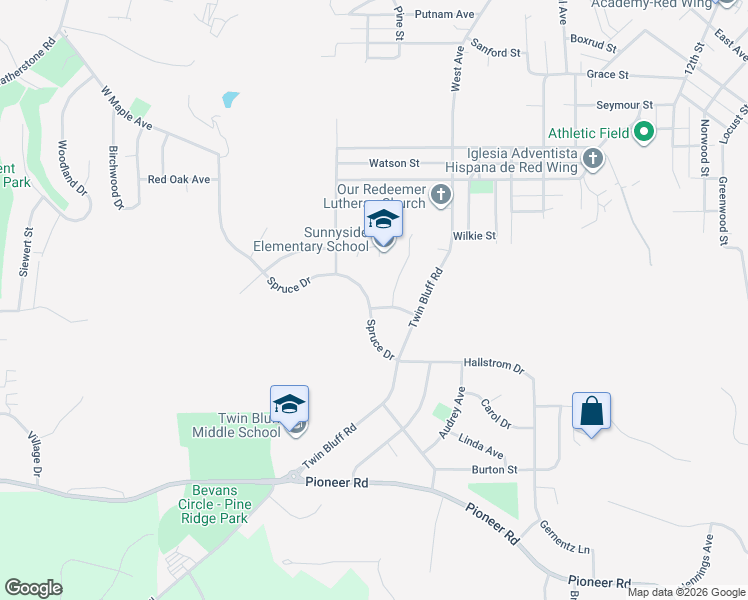 map of restaurants, bars, coffee shops, grocery stores, and more near 1825 Spruce Drive in Red Wing