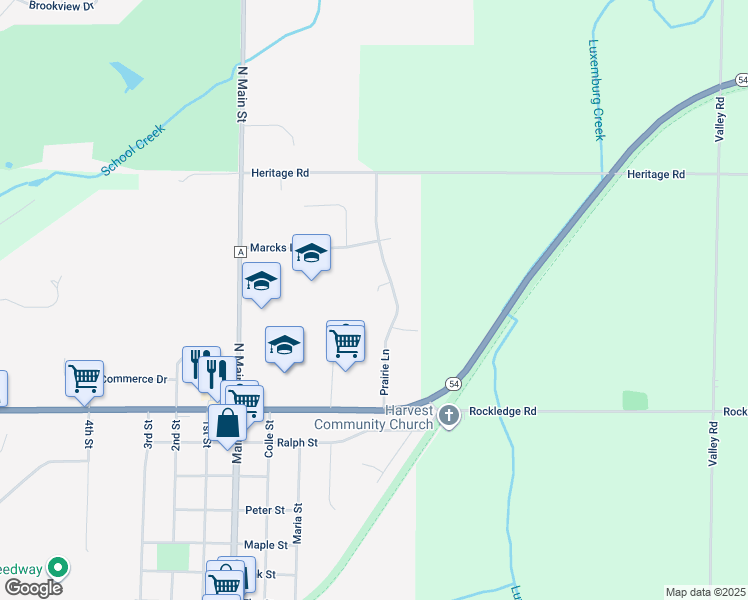 map of restaurants, bars, coffee shops, grocery stores, and more near 713 Prairie Court in Luxemburg