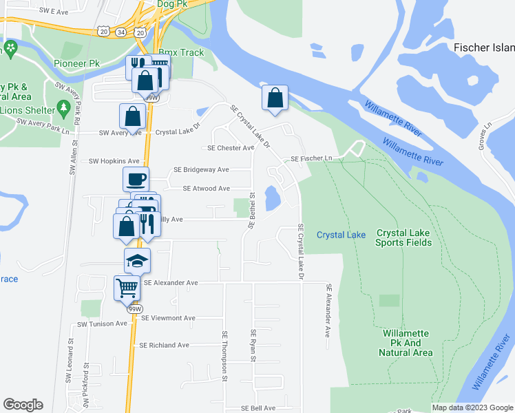 map of restaurants, bars, coffee shops, grocery stores, and more near 1761 Southeast Bethel Street in Corvallis