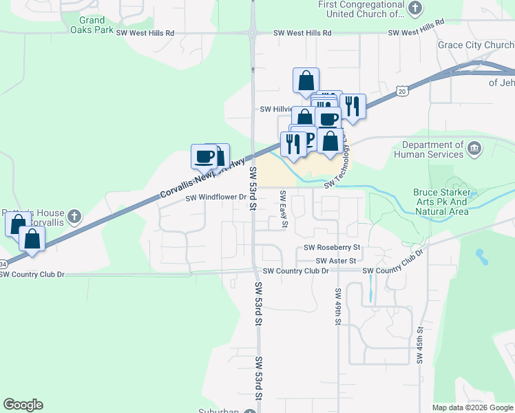 map of restaurants, bars, coffee shops, grocery stores, and more near 1645 Southwest 53rd Street in Corvallis