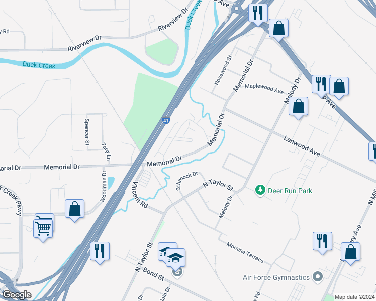 map of restaurants, bars, coffee shops, grocery stores, and more near 2044 Memorial Drive in Howard