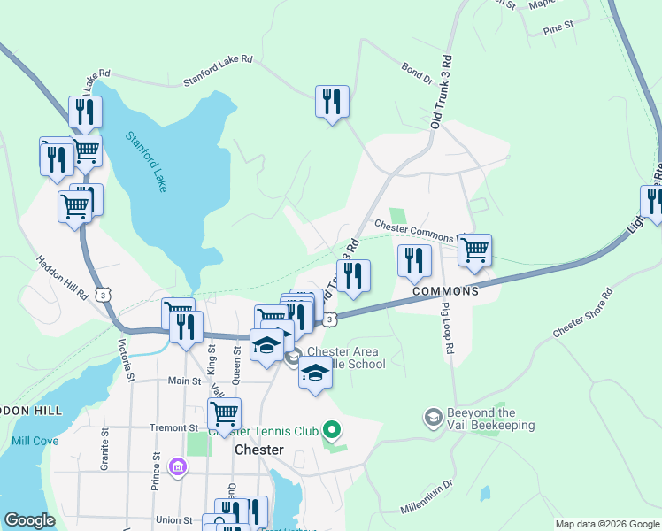 map of restaurants, bars, coffee shops, grocery stores, and more near 41 Old Trunk 3 Road in Chester
