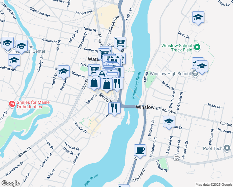 map of restaurants, bars, coffee shops, grocery stores, and more near 29 Main Street in Waterville