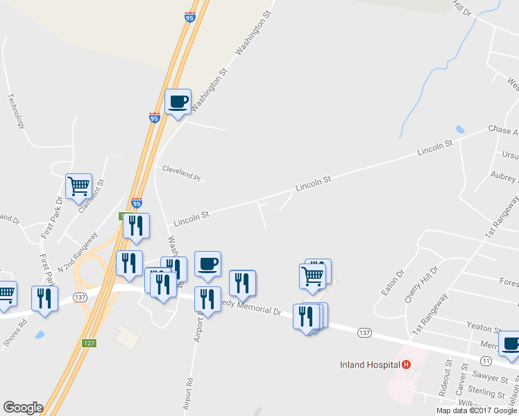map of restaurants, bars, coffee shops, grocery stores, and more near 11 Dylan Circle in Waterville