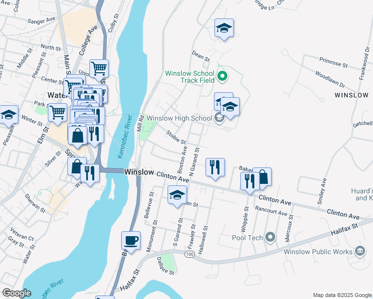 map of restaurants, bars, coffee shops, grocery stores, and more near 15 Boston Avenue in Winslow