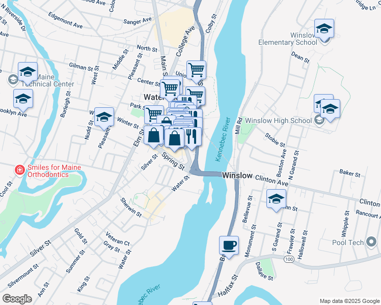 map of restaurants, bars, coffee shops, grocery stores, and more near 33 Main Street in Waterville
