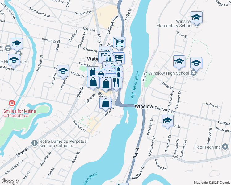 map of restaurants, bars, coffee shops, grocery stores, and more near 33 Main Street in Waterville