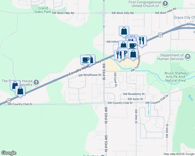 map of restaurants, bars, coffee shops, grocery stores, and more near 1677 Southwest Leland Place in Corvallis