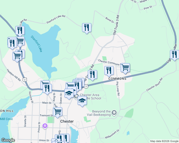 map of restaurants, bars, coffee shops, grocery stores, and more near 3 Target Hill Road in Chester