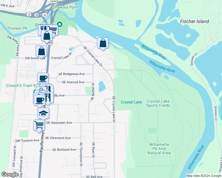 map of restaurants, bars, coffee shops, grocery stores, and more near 1768 Southeast Crystal Lake Drive in Corvallis