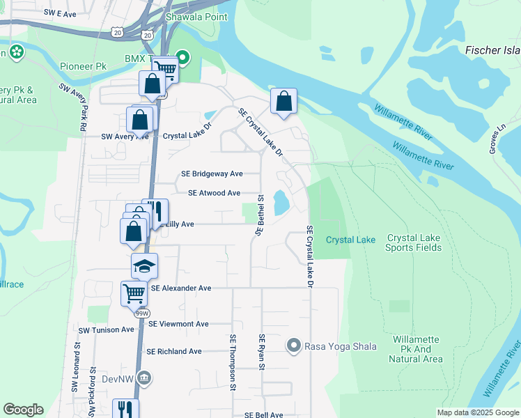 map of restaurants, bars, coffee shops, grocery stores, and more near 1777 Southeast Bethel Street in Corvallis