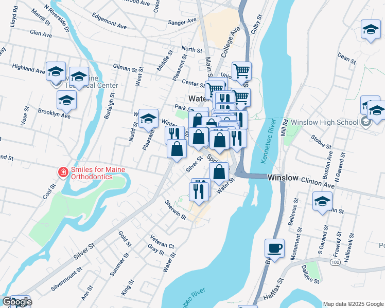 map of restaurants, bars, coffee shops, grocery stores, and more near 47 Silver Street in Waterville