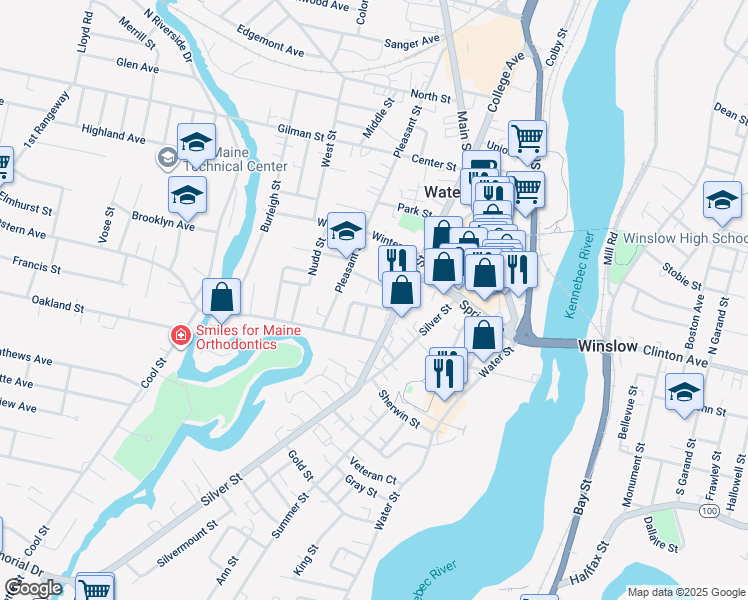 map of restaurants, bars, coffee shops, grocery stores, and more near 16 Belmont Avenue in Waterville