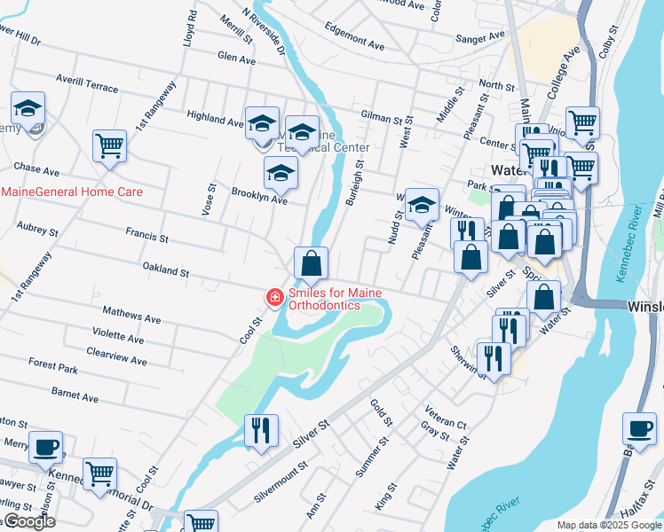 map of restaurants, bars, coffee shops, grocery stores, and more near 63 Western Avenue in Waterville