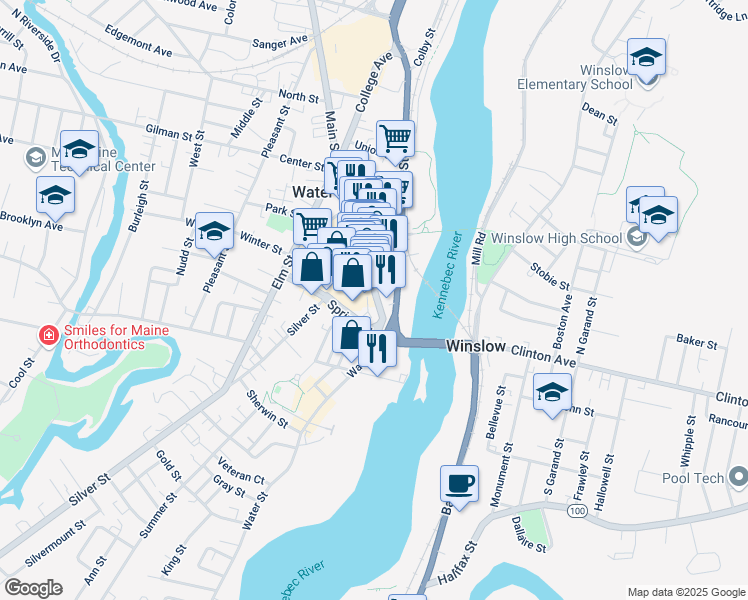 map of restaurants, bars, coffee shops, grocery stores, and more near 2 Silver Street in Waterville