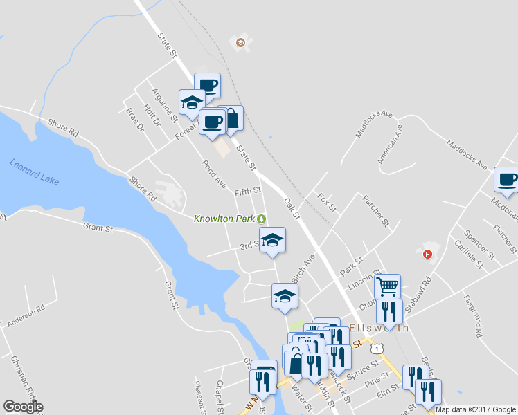 map of restaurants, bars, coffee shops, grocery stores, and more near 174 State Street in Ellsworth