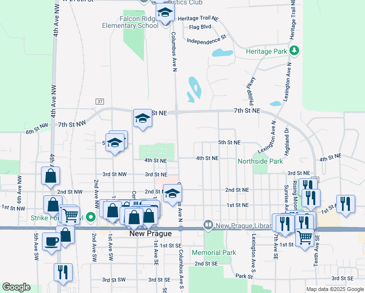 map of restaurants, bars, coffee shops, grocery stores, and more near 507 Columbus Avenue North in New Prague