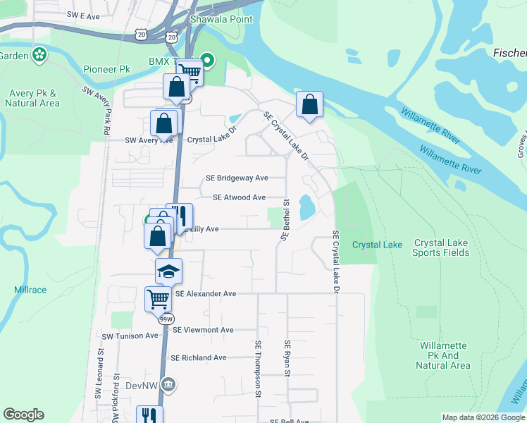 map of restaurants, bars, coffee shops, grocery stores, and more near 1773 Southeast Lilly Place in Corvallis