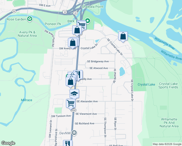 map of restaurants, bars, coffee shops, grocery stores, and more near 453 Southeast Lilly Avenue in Corvallis