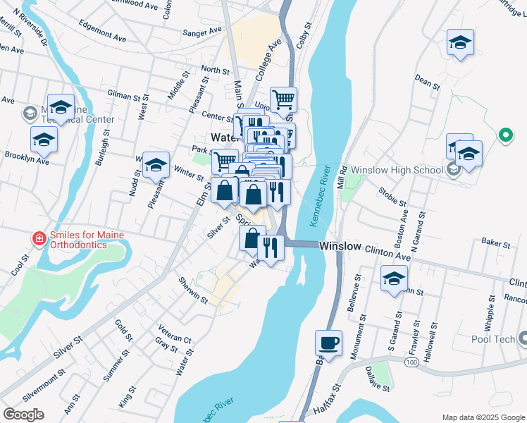 map of restaurants, bars, coffee shops, grocery stores, and more near 14 Silver Street in Waterville