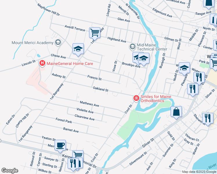 map of restaurants, bars, coffee shops, grocery stores, and more near 39 Oakland Street in Waterville