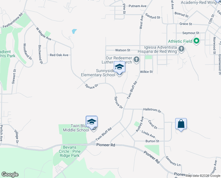map of restaurants, bars, coffee shops, grocery stores, and more near 1825 Spruce Drive in Red Wing