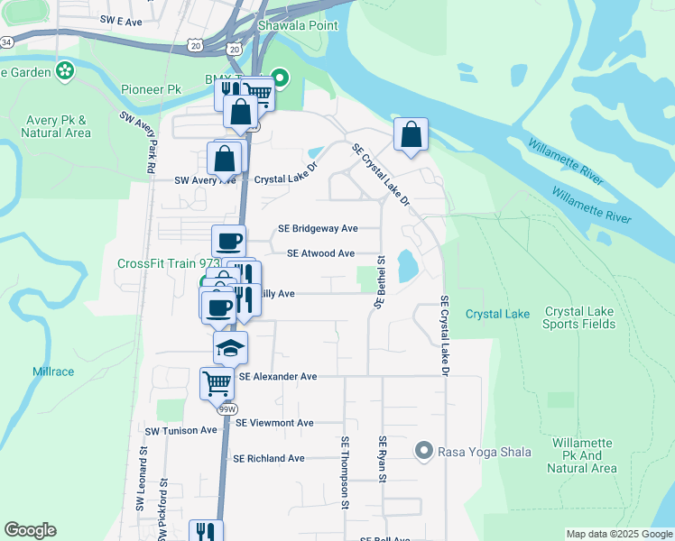 map of restaurants, bars, coffee shops, grocery stores, and more near 1753 Southeast Lilly Place in Corvallis