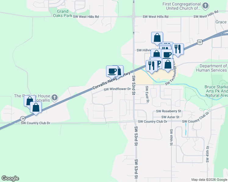 map of restaurants, bars, coffee shops, grocery stores, and more near 1609 Southwest Otana Drive in Corvallis
