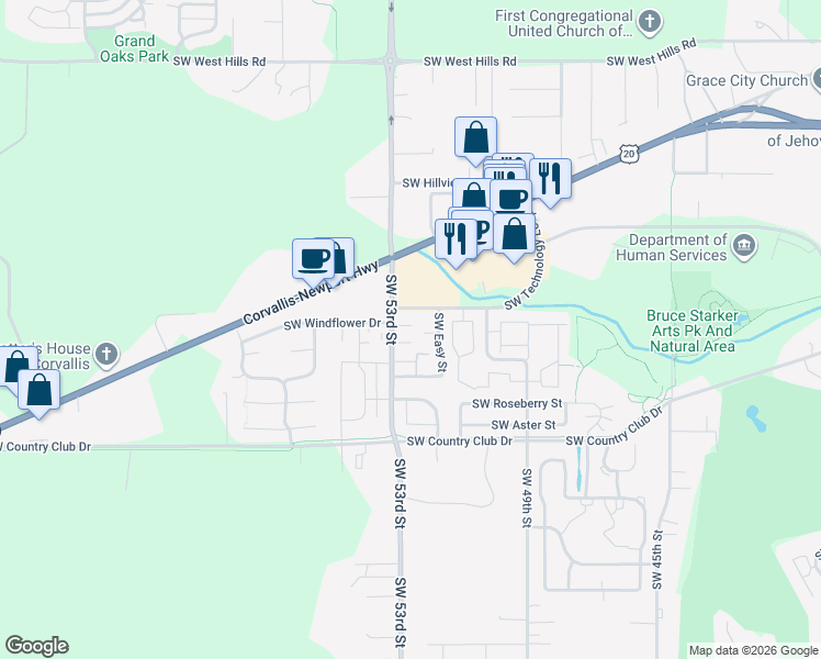 map of restaurants, bars, coffee shops, grocery stores, and more near 1637 Southwest 53rd Street in Corvallis