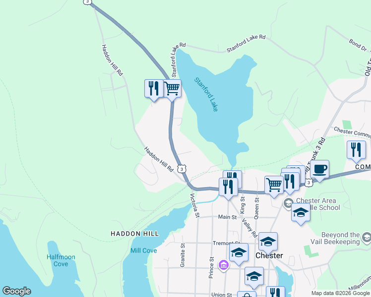 map of restaurants, bars, coffee shops, grocery stores, and more near 15 Zinck Road in Chester