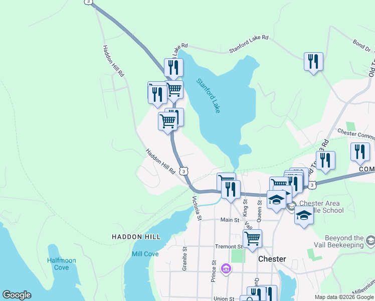 map of restaurants, bars, coffee shops, grocery stores, and more near 15 Zinck Road in Chester