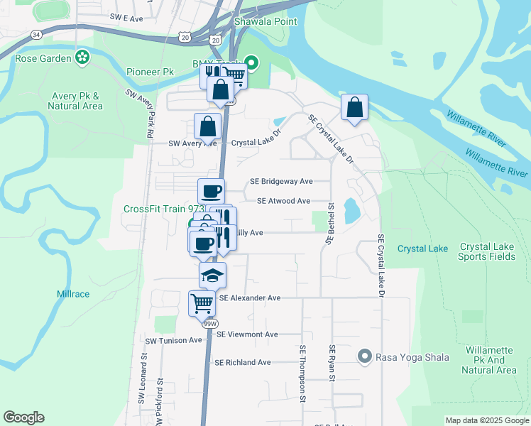 map of restaurants, bars, coffee shops, grocery stores, and more near 453 Southeast Lilly Avenue in Corvallis
