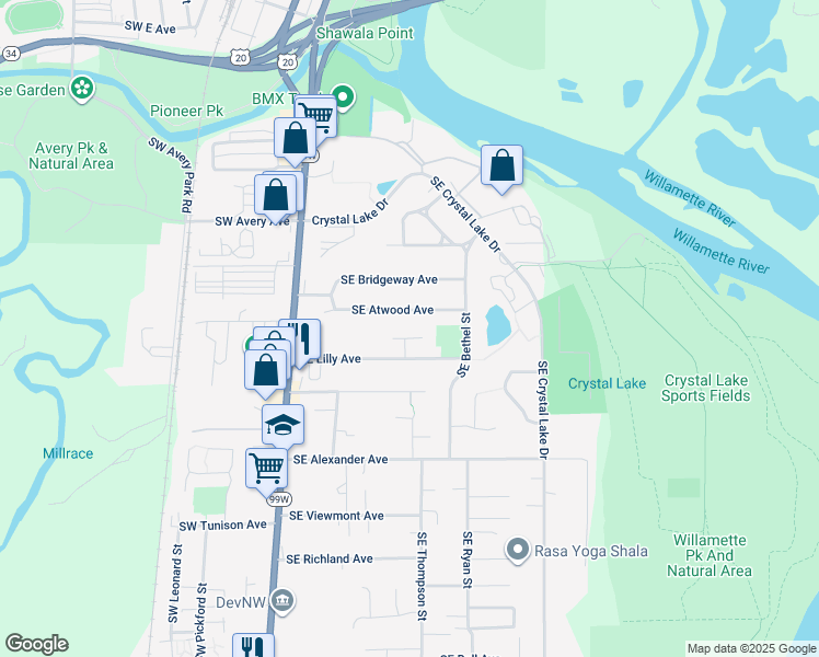 map of restaurants, bars, coffee shops, grocery stores, and more near 1761 Southeast Lilly Place in Corvallis
