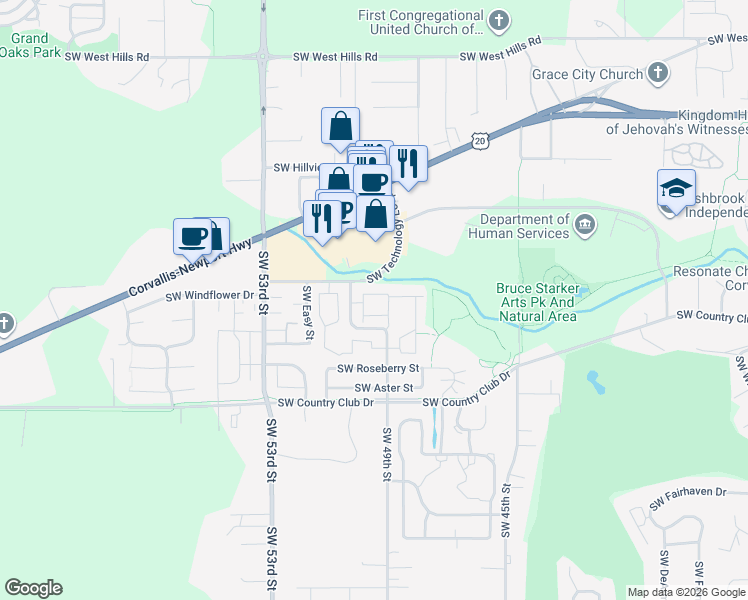 map of restaurants, bars, coffee shops, grocery stores, and more near 1681 Southwest 49th Street in Corvallis