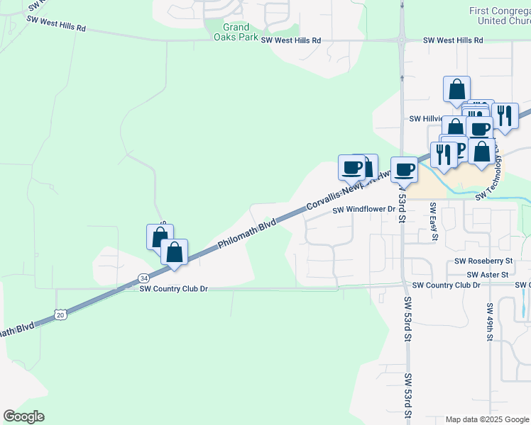 map of restaurants, bars, coffee shops, grocery stores, and more near 6075 Philomath Boulevard in Corvallis