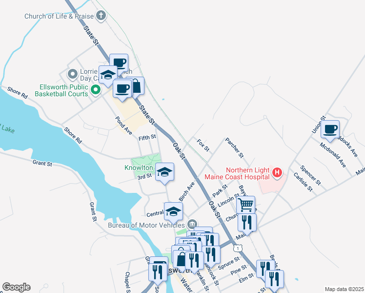 map of restaurants, bars, coffee shops, grocery stores, and more near 111 Oak Street in Ellsworth