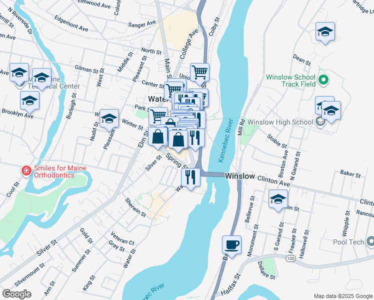 map of restaurants, bars, coffee shops, grocery stores, and more near 14 Silver Street in Waterville