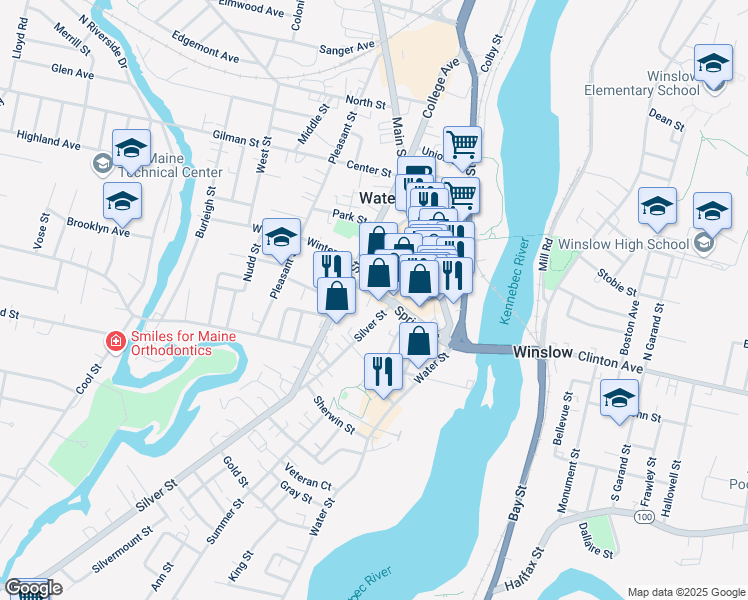 map of restaurants, bars, coffee shops, grocery stores, and more near 47 Silver Street in Waterville