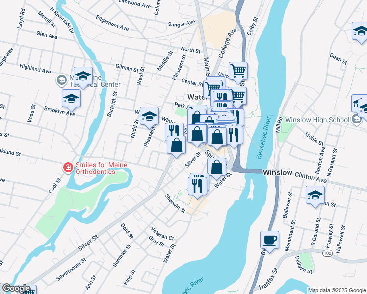 map of restaurants, bars, coffee shops, grocery stores, and more near 47 Silver Street in Waterville