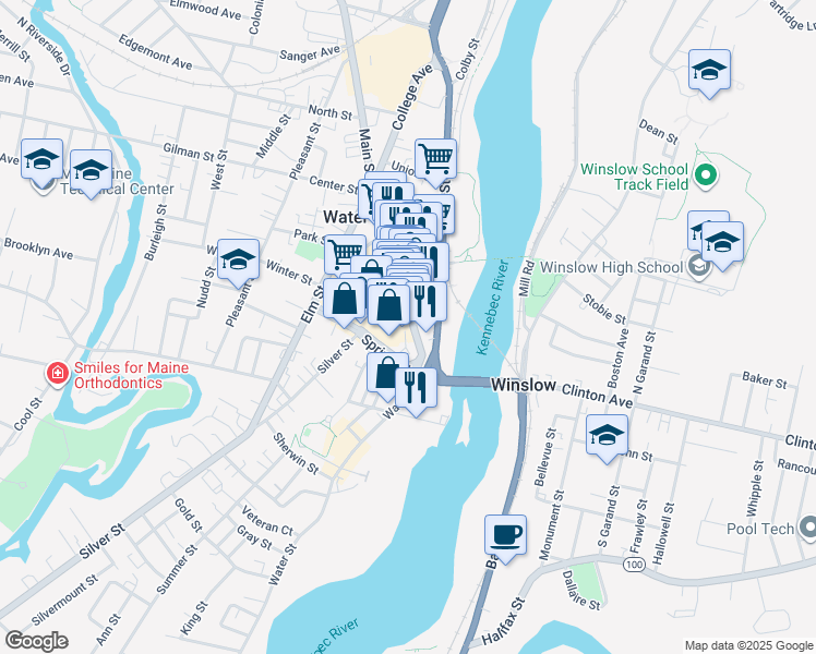 map of restaurants, bars, coffee shops, grocery stores, and more near 14 Silver Street in Waterville