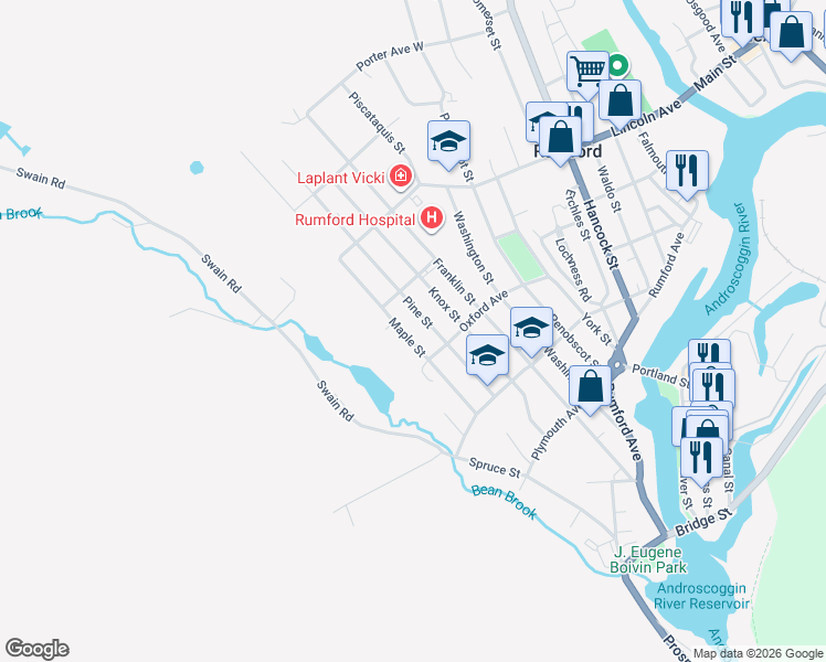 map of restaurants, bars, coffee shops, grocery stores, and more near 311 Maple Street in Rumford