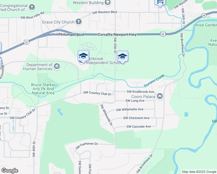 map of restaurants, bars, coffee shops, grocery stores, and more near 1603 South West Country Club Place in Corvallis