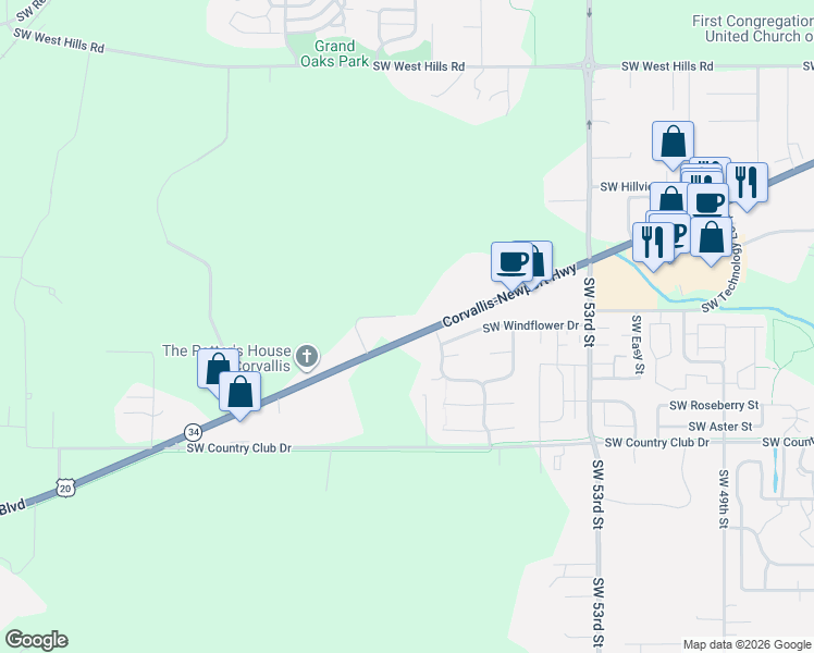 map of restaurants, bars, coffee shops, grocery stores, and more near 5945 Philomath Boulevard in Corvallis