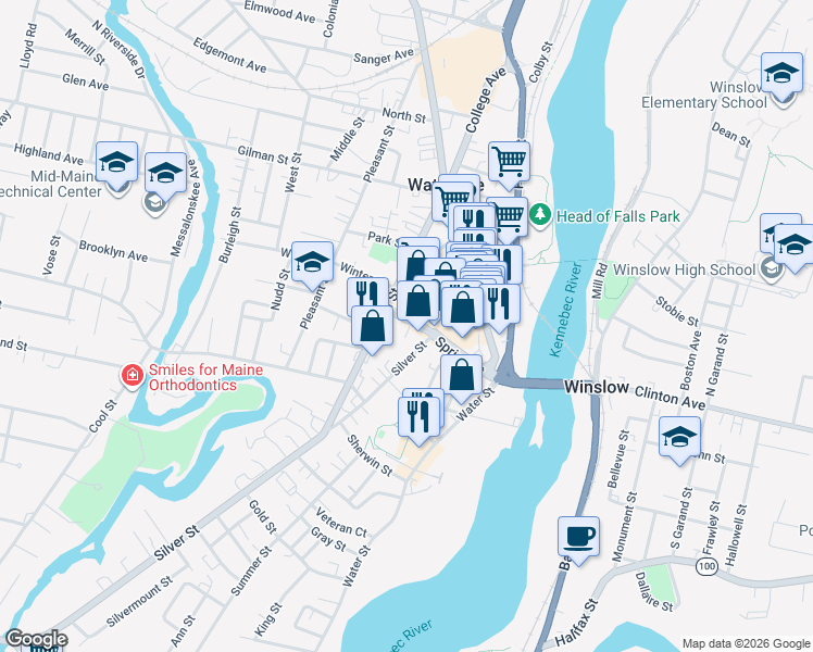 map of restaurants, bars, coffee shops, grocery stores, and more near 47 Silver Street in Waterville