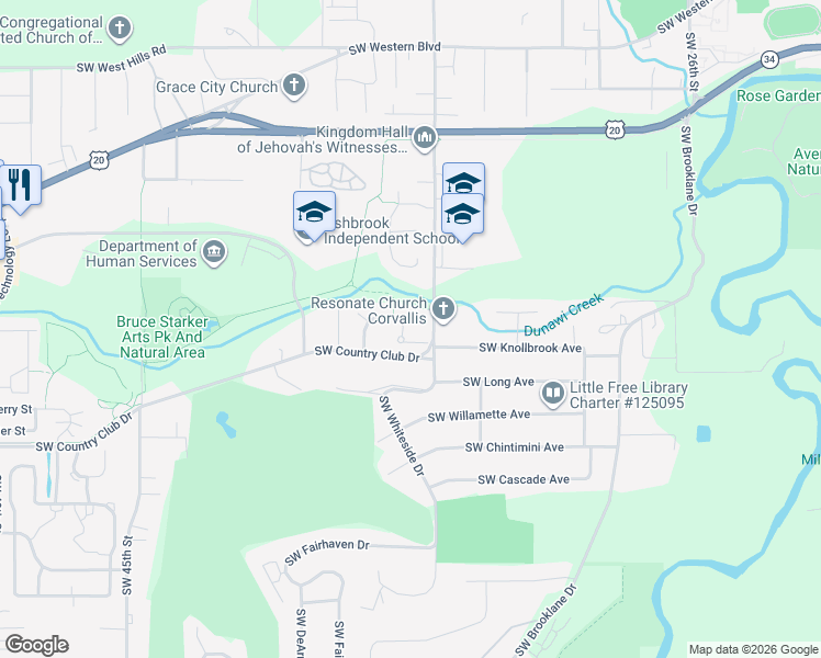 map of restaurants, bars, coffee shops, grocery stores, and more near 1603 South West Country Club Place in Corvallis